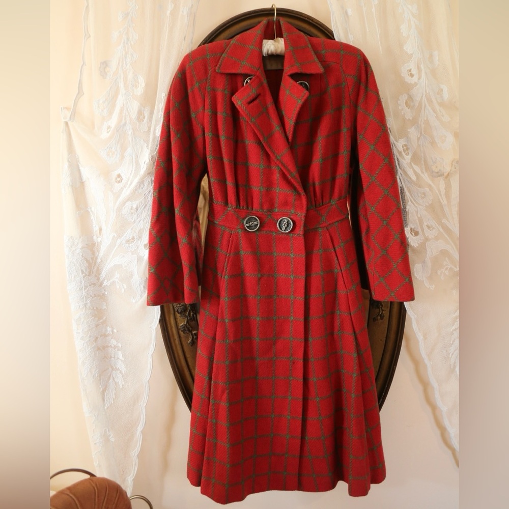 Vintage 1940s Red and Green Plaid Wool Coat